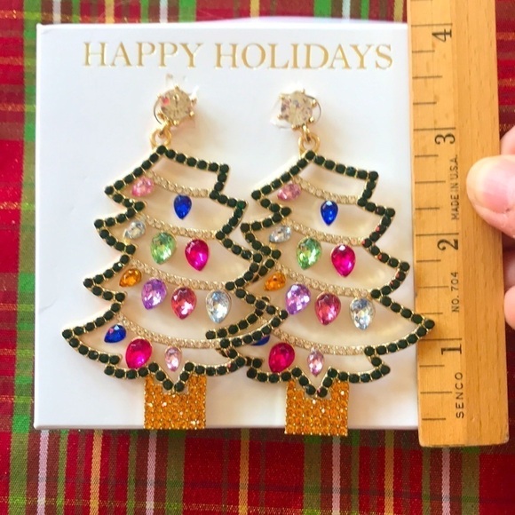 Brand New Colorful Rhinestone Christmas Tree Dangling Earrings - Picture 2 of 8